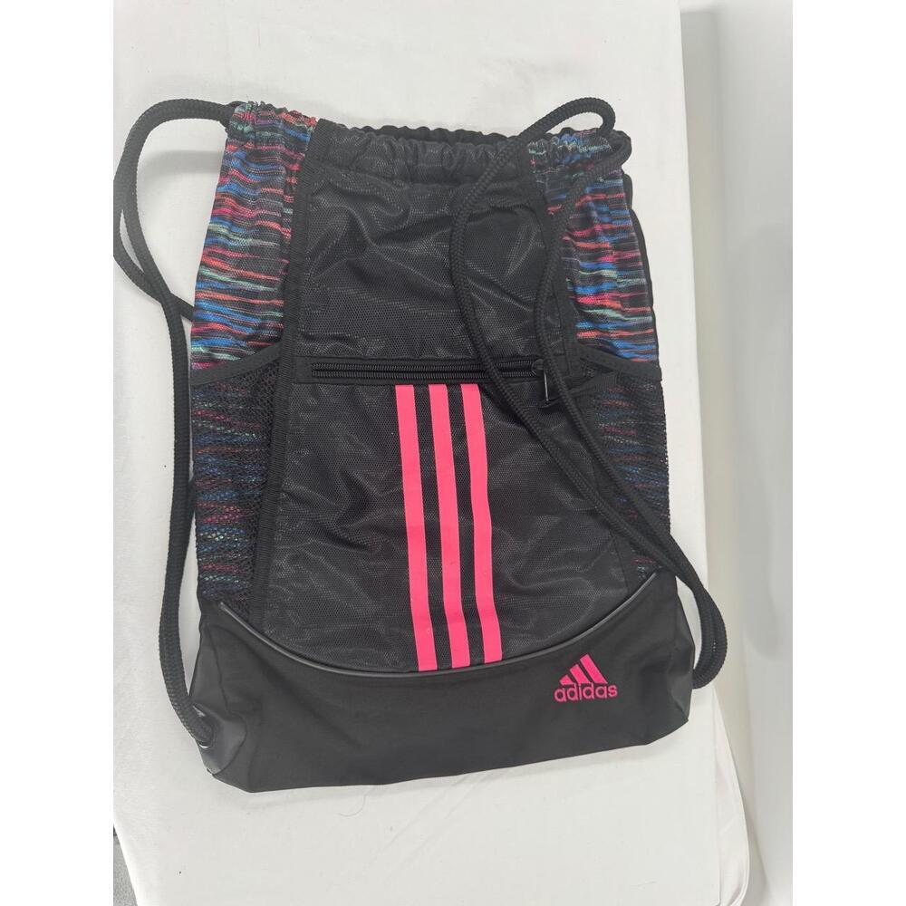 Adidas Black With Pink Accents Drawstring Bag With Mesh Panel